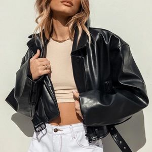 Black vegan leather Staten Island Jacket from Lioness